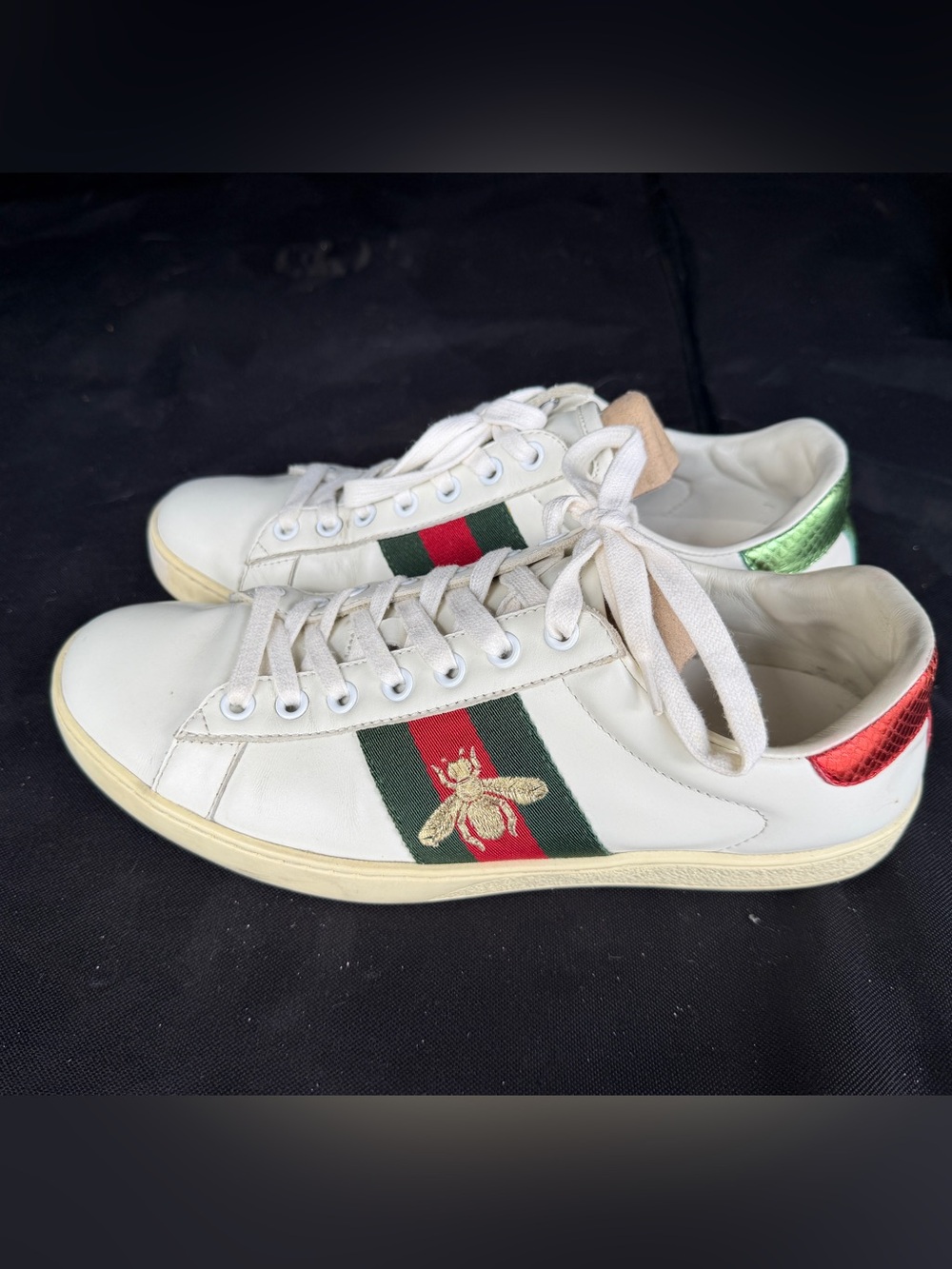 Gucci Ace White Leather Sneakers with Red & Green Stripe and Bee Embroidery